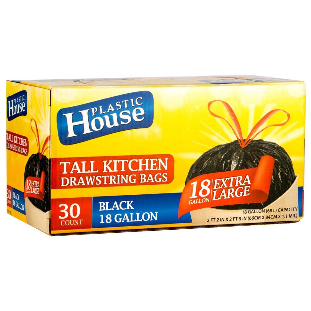 Drawstring Black Garbage Bags, 18 Gallon - Case Pack of 240 - For Home, Kitchen, Office & Everyday Use