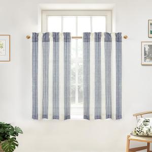 DriftAway Kitchen Tier Curtains - Striped Linen Short Pinstripe Cafe Curtains 45 Inch Length for Living Room Bathroom Chris Farmhouse Rustic - Rod Pocket 2 Panels Ivory Dark Blue
