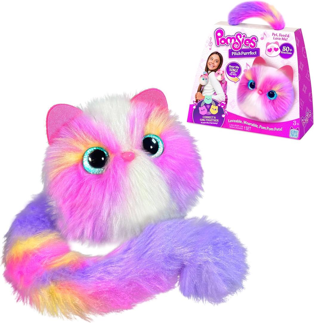 Pomsies Pitch Purrfect Roxy - Interactive Musical Pet with Color-Changing Eyes - Harmonizing Pom Pom That Sings & Connects with Other Wearable Plush Toy Ages 3+