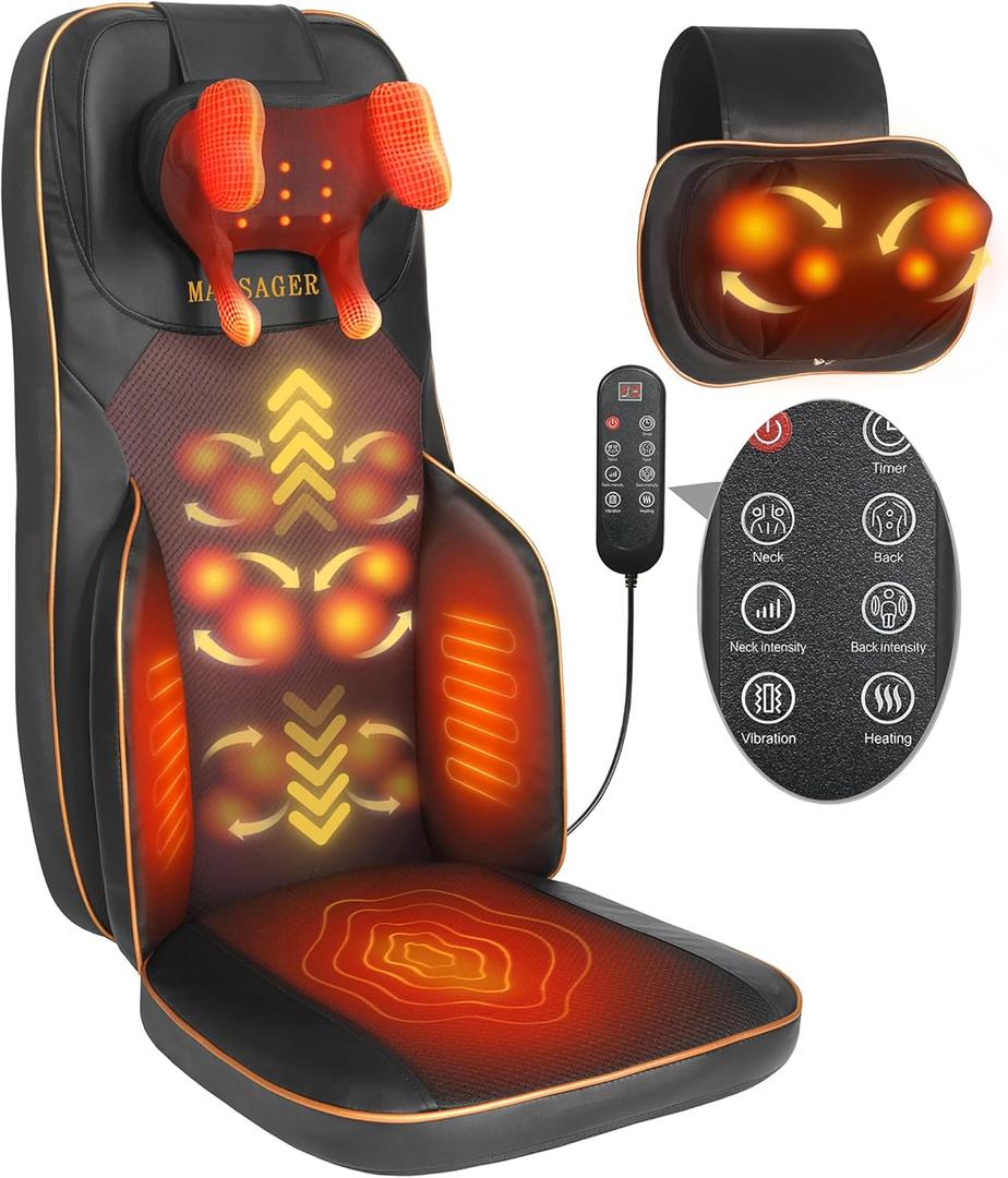 Shiatsu Neck Back Massager Chair Cushion w/heat - Full-Back Massage Cushion with Kneading, Rolling, Vibration- Adjustable Neck Height & Intensity - Heated Seat for Home & Office for Holiday Gift