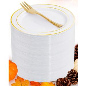 WELLIFE 60 PCS Gold Plastic Dessert Plates and 60 PCS Forks, 6.3 inch Disposable Salad Plates, Premium White Appetizer Plates with Gold Rims, Perfect for Party