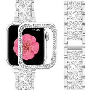 SUPOIX Compatible with Apple Watch Band 42mm + Case, Women Jewelry Bling Diamond Metal Bands & 2 Pack Protective Cover Cases for iWatch Series 3/2/1(Silver/42mm)