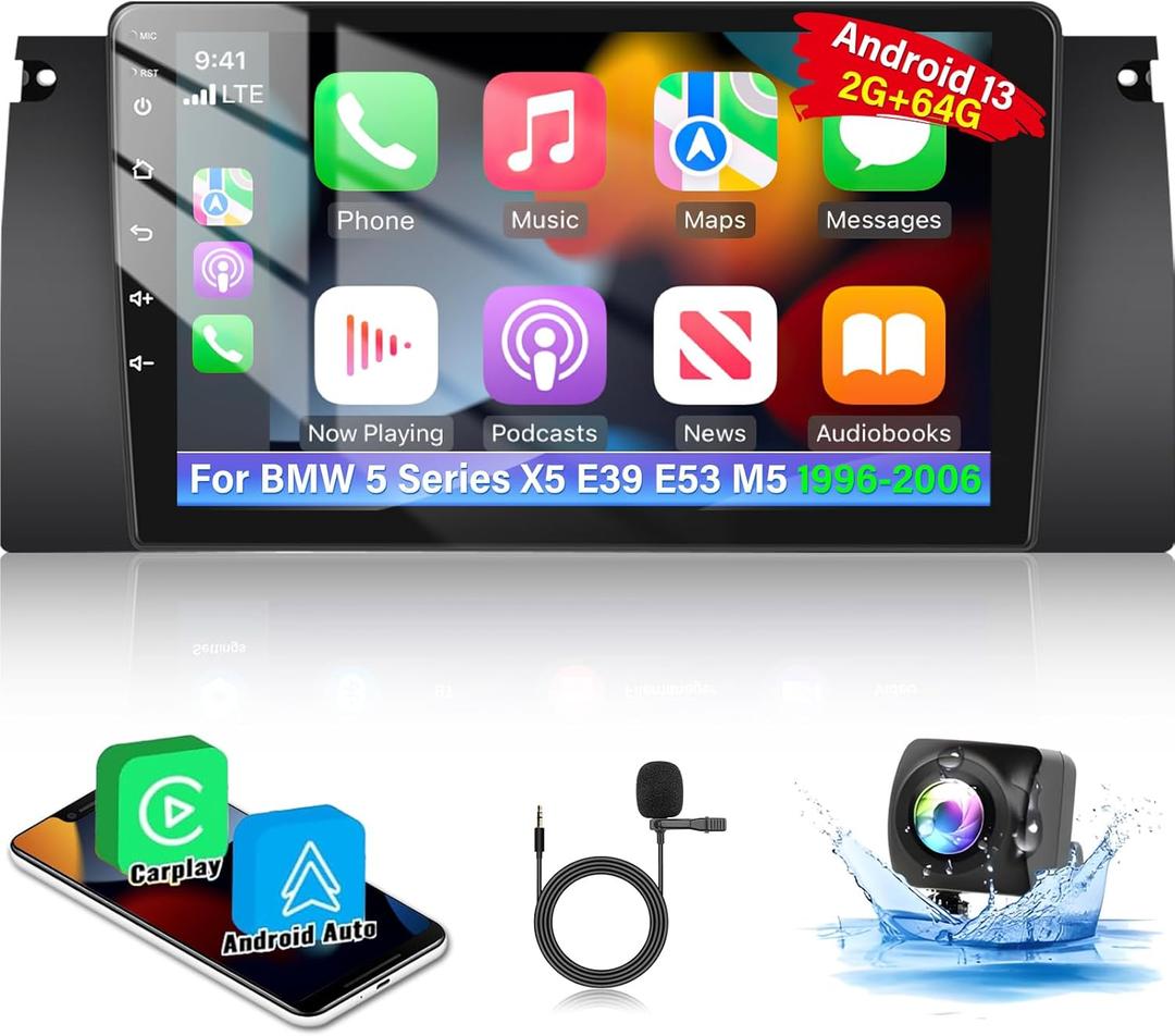 [2+64G] Android Car Radio for BMW 5 Series X5 E39 E53 M5 1996-2006 - Wireless Carplay and Android Auto - 9 Inch Touch Screen Car Stereo with DSP/GPS/WiFi/SWC + AHD Backup Camera