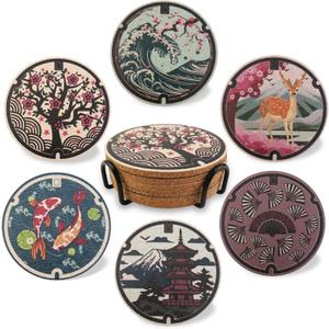 Japanese Coasters Japan Manhole Design Coasters for Drinks Cherry Blossom Koi Pagoda Deer Cork Coasters for Coffee Table Housewarming Birthday Gifts Set of 6