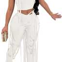 WOKANSE Women's Sexy 2 Piece Outfits Irregular Sleeveless Tank Top Solid Lace Up Split Bodycon Pants Set (Large, White)