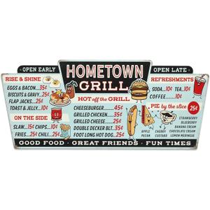 Hometown Grill Menu Metal Wall Decor - Large Distressed Menu Sign for Kitchen or Dining Room (Blue/Red)