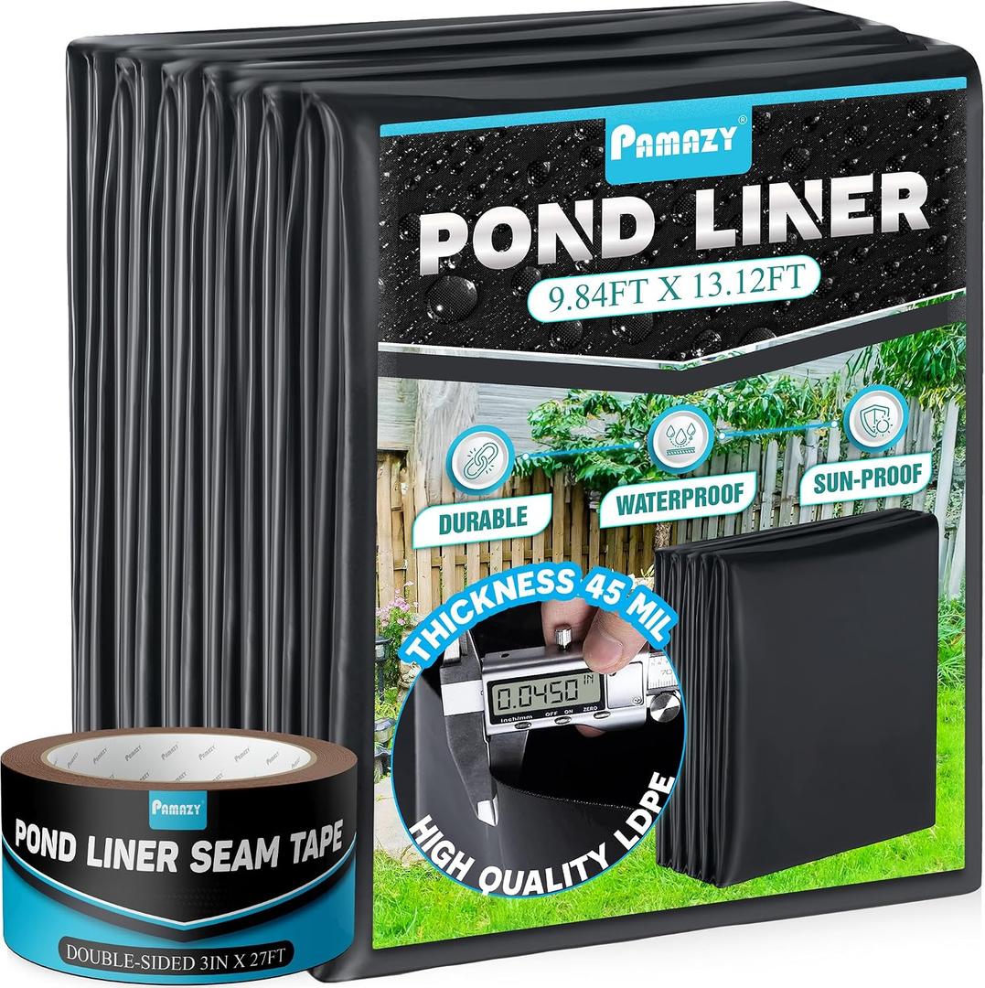 PAMAZY 45 Mil LDPE Pond Liner for Outdoor Pond (9.8 * 13 FT) with Seam Tape