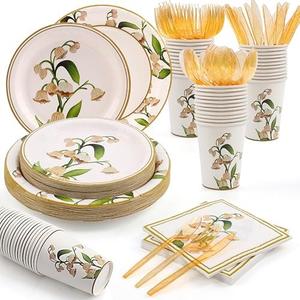 Rabbit Dance 168PCS Scandinavian lily of the valley plant round plate 9inch disposable dinner plate 7inch western dessert cake plate with Napkins,Forks for Wedding, Birthday Party