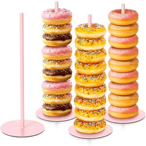 4 Pcs Metal Donut Display Stand Tower Bagel Holder Cake Stand Dessert Table Doughnut Holder Display Tower for Birthday Wedding Party and Donut Themed Party Decorations (Pink)
