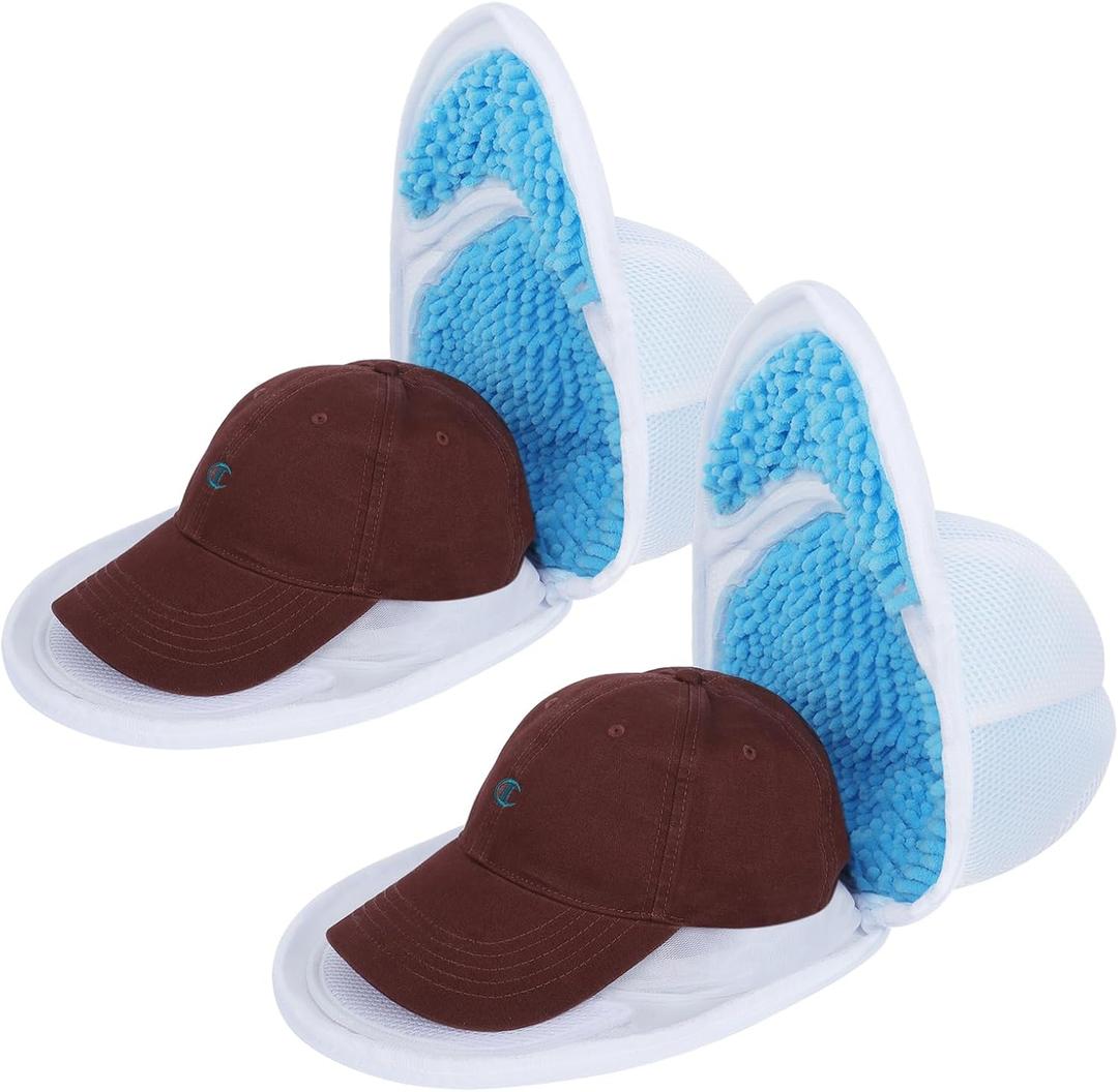 Upgraded Hat Washer Cage with Protective Mesh Bag, Durable Hats Cleaner for Caps, Hat Washing Cage with Chenille Liner - Reusable, Fixed Holder, Prevents Deformation, Fits Adult & Kids Caps, 2 Pack (White & Blue)