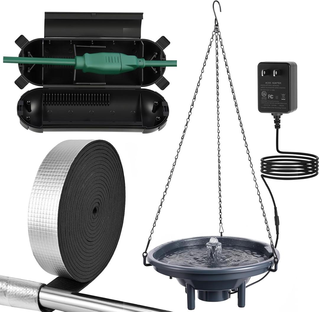 Hanging Bird Bath Fountain Kit, 12 Inch Plastic Birdbath with Flowing Fountain, US Plug, 32.8 ft Pipe Insulation Tape Wrap, 8 Inch Outdoor Cord Connection Box for Garden Lawn Yard