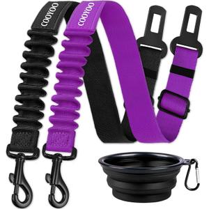 COOYOO Dog Seat Belt,3 Piece Set Retractable Dog Car Harness Adjustable for Vehicle Nylon Pet Safety Heavy Duty & Elastic (Set 04-Black+Purple)
