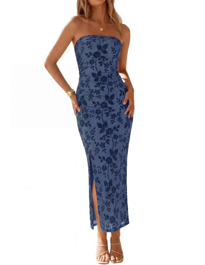 ZESICA Women's 2026 Summer Floral Strapless Maxi Sun Dress Bodycon Beach Vacation Wedding Guest Formal Cocktail Party Dresses, Grey Blue, M