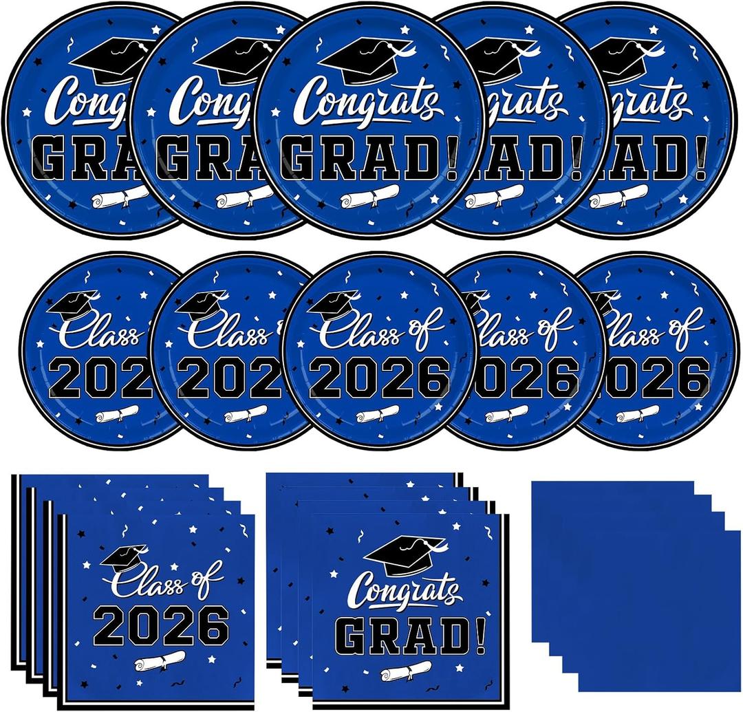 Gatherfun Graduation decorations 2026 Graduation Plates and Napkins Blue Disposable Paper Plates Luncheon Napkins Cocktail Napkins for Congrats Grad Party Decorations, Serve 50