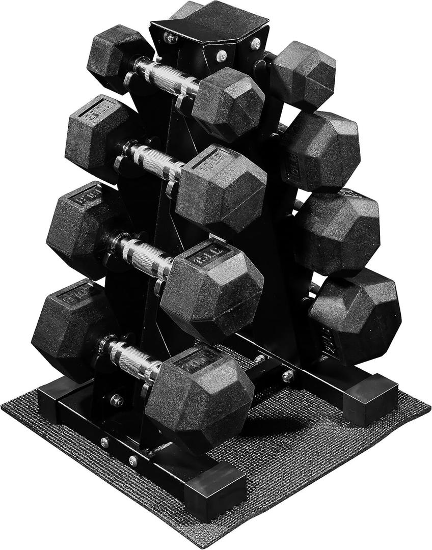Fitvids 100LB Rubber Coated Hex Dumbbell Weight Set and Storage Rack, 5-20 lbs Pairs