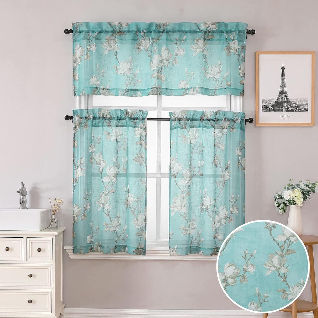 Aqua Floral Semi Sheer Kitchen Curtain Tiers and Valance Set 3 Piece | Floral Design, Linen Textured, Light Filtering, Privacy, 1 Valance 2 Tiers, Kitchen Bathroom Bedroom, 26"W x 36"L