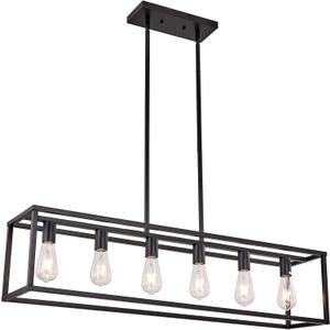 Farmhouse Rectangle Chandeliers for Dining Rooms, Kitchen Fixture Lights Pendant Lights Kitchen Island Black 6-Light Industrial Pendant Lighting for Kitchen Island