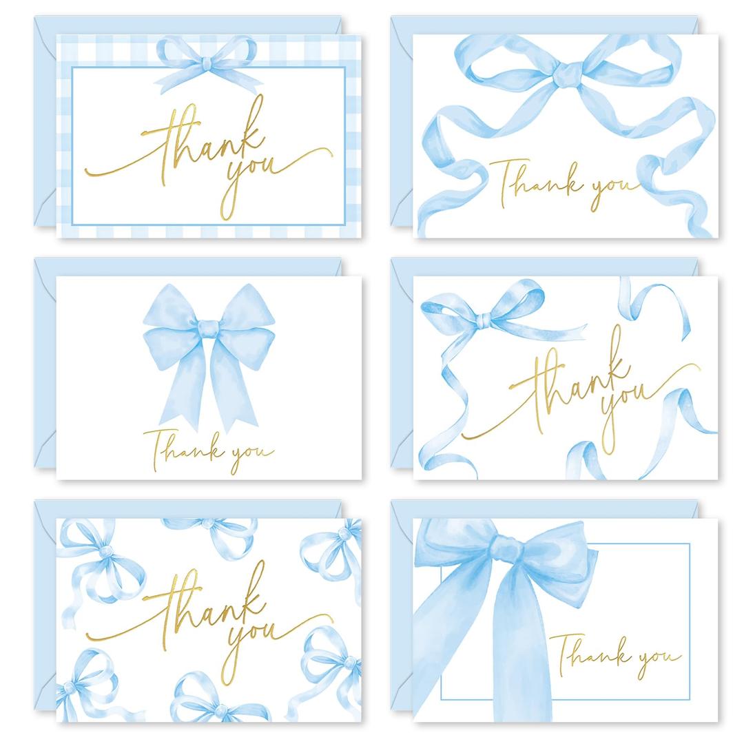 FYSUIMU 36 Pack Blue Bow Thank You Card Gold Foil Bowknot Greeting Card Coquette Blank Note Cards with Envelope Sticker for Birthday Baby Shower Party Supplies, 4 x 6 Inch