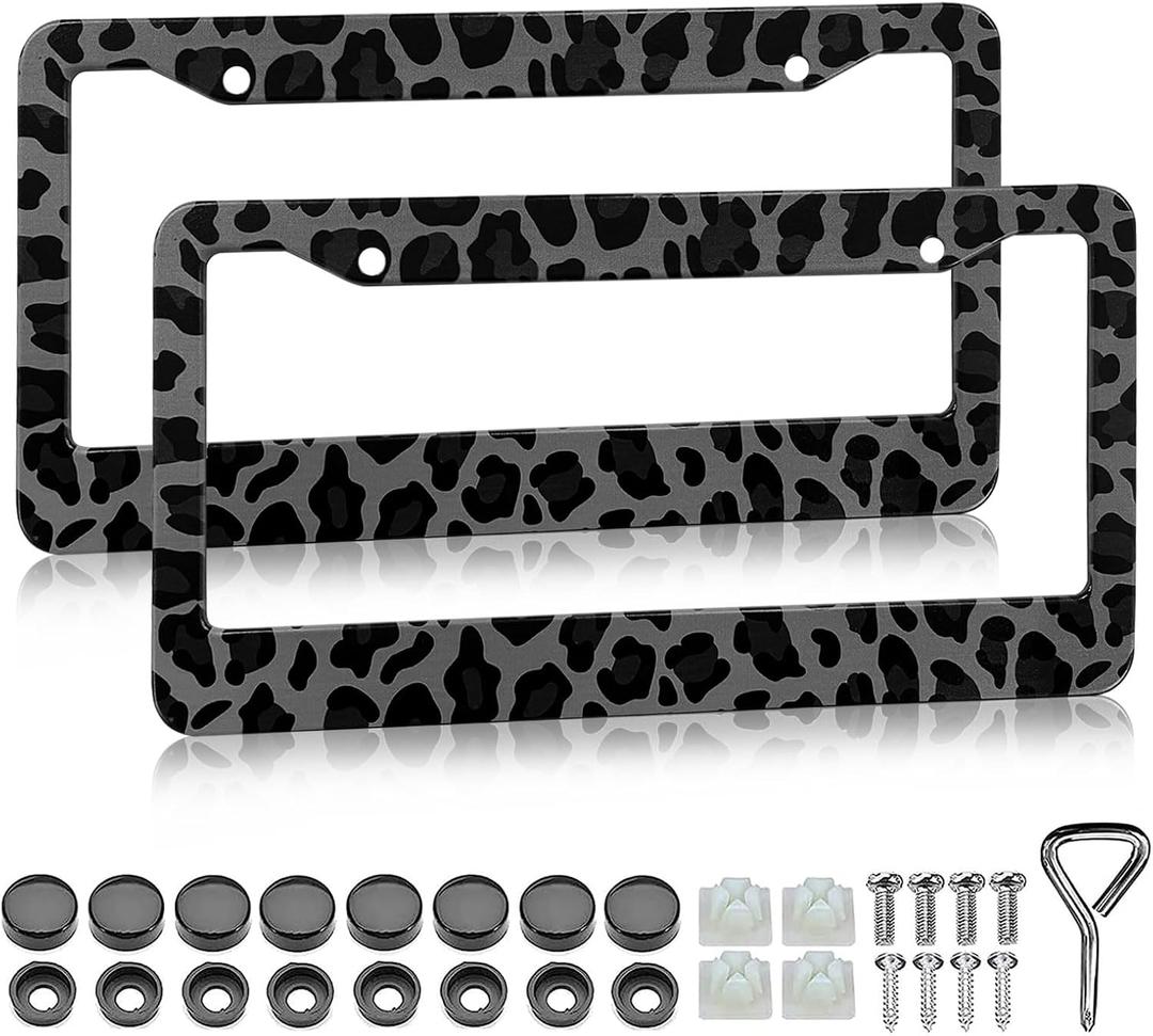 Black Leopard Print License Plate Frame - 2 Pack Animal Leopard Cheetah Print Tags Frames Holder, Car Decorative Tag Frames with Screws Fasteners Caps