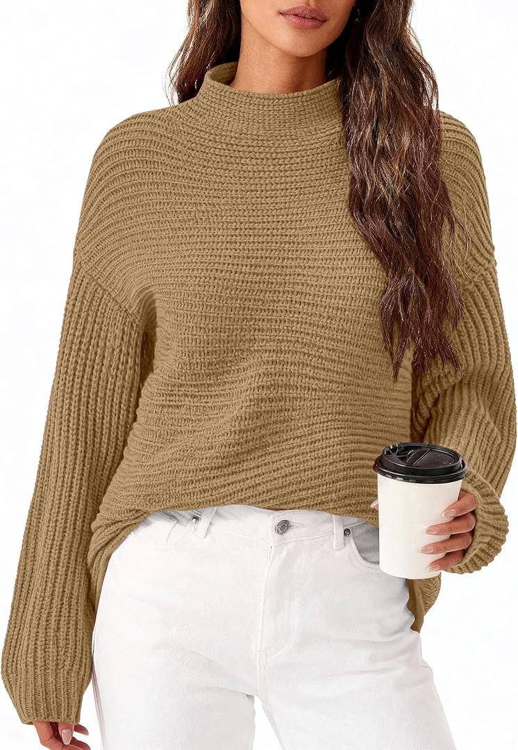 PRETTYGARDEN Womens Sweaters Fall Fashion 2025 Oversized Long Sleeve Mock Neck Chunky Knit Pullover Tops Winter Clothes (L)