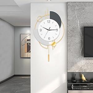 Wall Clock,Silent Quality Quartz Battery Operated with Pendulum, Large Wall Clocks for Living Room, Kitchen, Home, Bathroom, Bedroom Wall Decor, 20x33.5inch(Golden)
