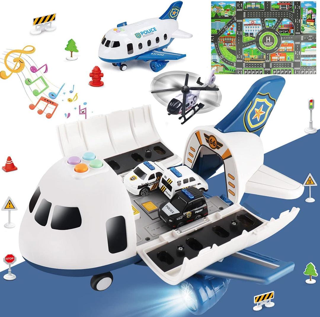 Dwi Dowellin 5 in 1 Airplane Toys with Light and Sound, Police car Toys with Activity Mat, Christmas Birthday Gifts for Kids 3 4 5 6 Year Old Boys Girls