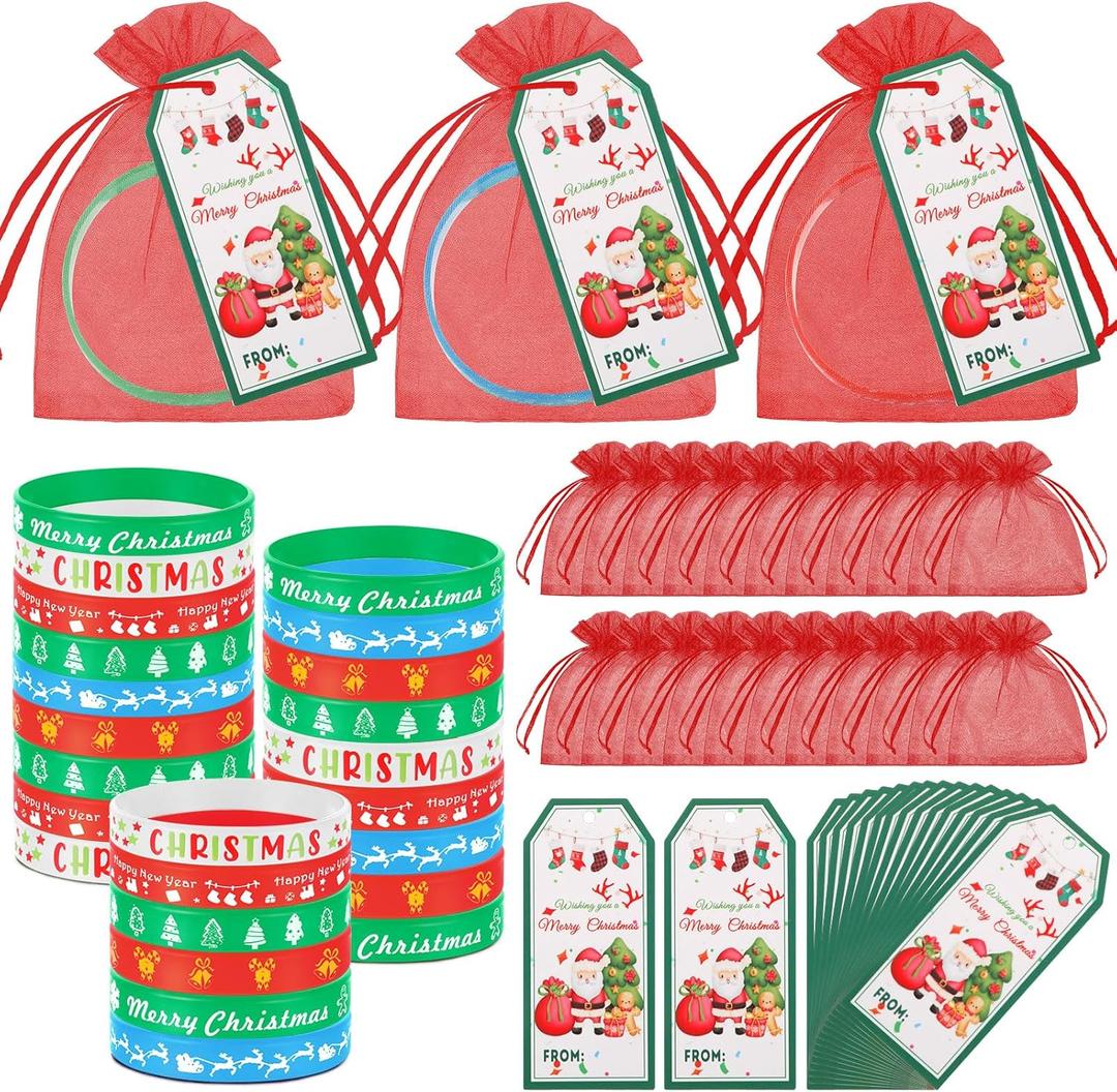 Liliful 72 Pcs Christmas Gifts 24 Set Christmas Students Gifts, Xmas Silicone Wristbands with Gift Label Tags and Organza Bags for Kids Stocking Stuffers Classroom Gift Party Favors(Merry Style)