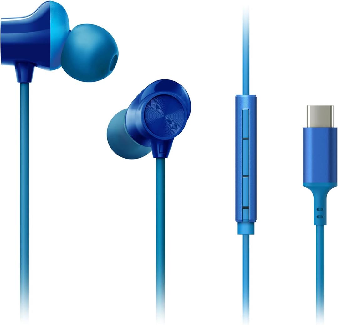 Panasonic ErgoFit Wired Earbuds, in-Ear Headphones with Microphone and Call Controller, Ergonomic Custom-Fit Earpieces (S/M/L), USB-C Compatible - RP-TCM325-A (Blue)