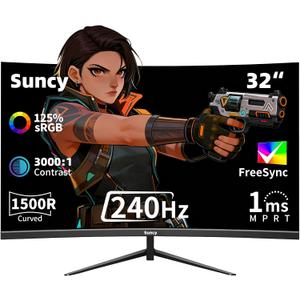 Suncy 32 Inch Curved 1k 240Hz Gaming Monitor High Refresh Rate, FHD 1080P Gaming PC Monitor HDMI DP1.4, Curved 1500R, HDR,Metal Stand,VESA Compatible.