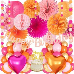 Hot-Pink Orange Birthday Decoration for Women Girl, Fall Peach Burnt-Orange Gold Balloon Décor-Happy Banner, Streamers Lanterns Honeycomb, Tissue Flowers Pom Poms Fan, Boho Sunset Autumn Party Décor