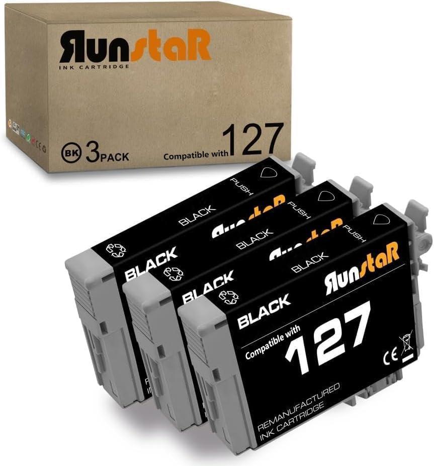 Run Star 3 Black Remanufactured for 127 T127 Ink Cartridge Replacement for Epson 127 T127 use for Epson Workforce 60 530 625 545 645 840 845 WF-3520 WF-3540 WF-7010 WF-7510 WF-7520 Printer (3 Packs)