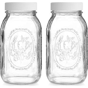 Regular Mouth Mason Jars 32 oz - (2 Pack) - Ball Regular Mouth 32-Ounces Quart Mason Jars with White M.E.M Food Storage Plastic Lids, Caps Fit Ball and Kerr Regular Mouth - For Storage, Freezing, Leak