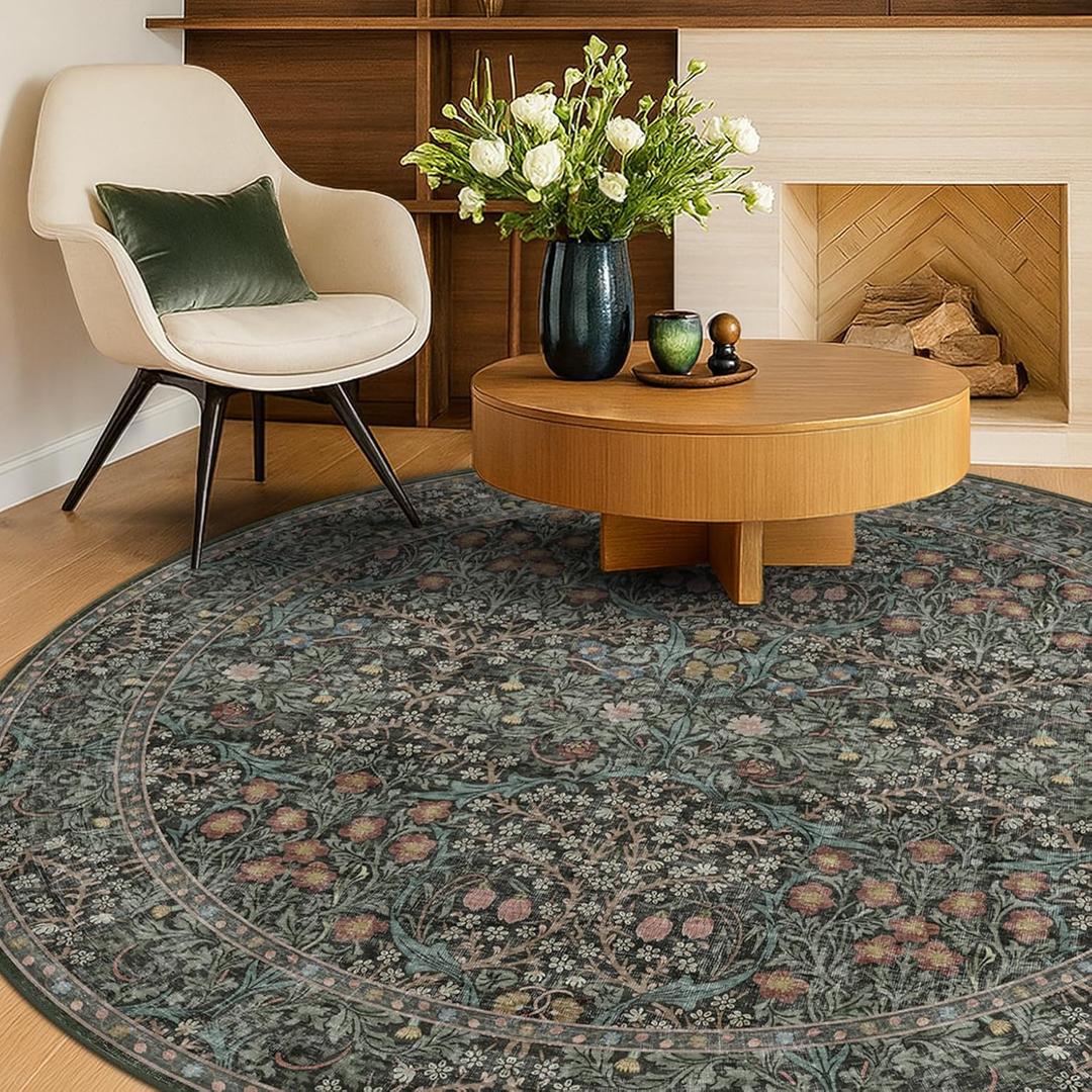 Washable Round Rugs 7ft for Living Room, Soft Big Round Area Rugs for Bedroom Under Bed, Dark Green Non Slip Large Carpet for Dining Room, Boho Floral Dcor Stain Resistant