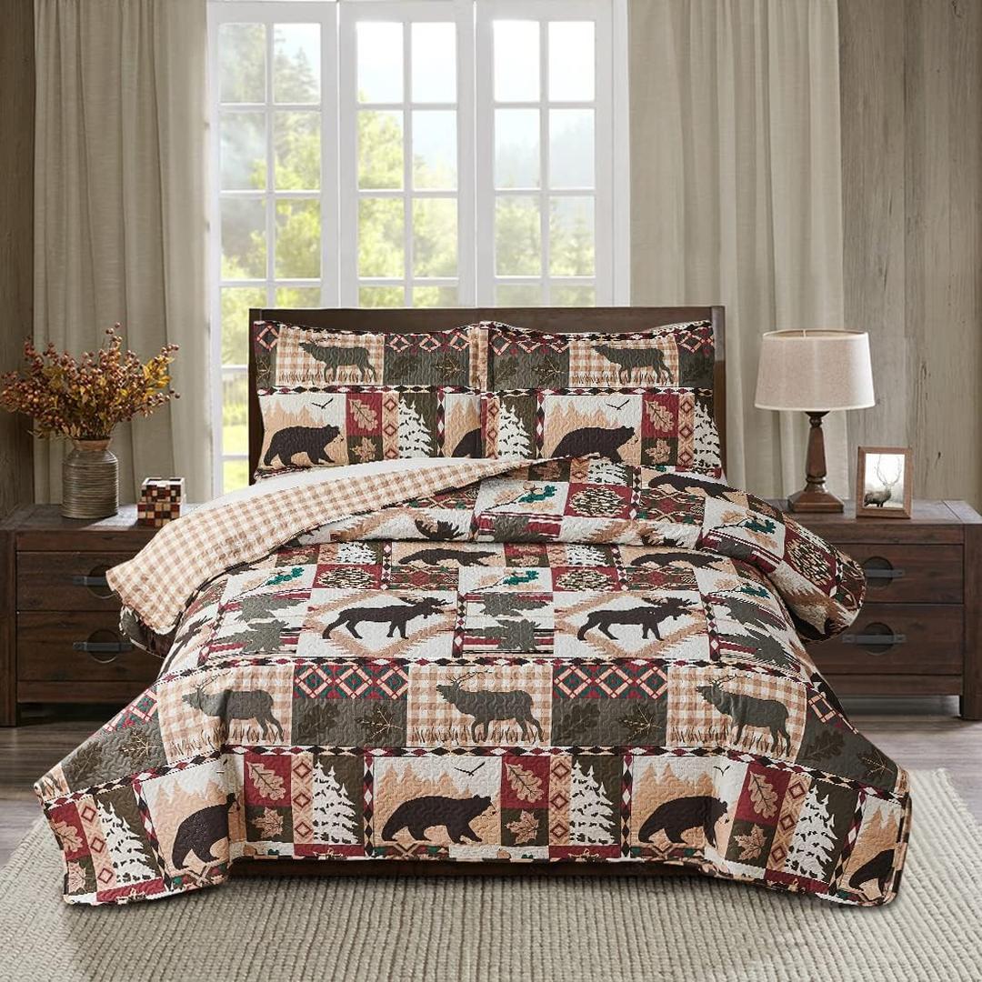 Rustic Lodge Quilt Set King Size Country Cabin Bedspread Coverlet King Moose Bear Reversible Patchwork Quilts Bedding Soft Lightweight Coverlets Forest Bear Farmhouse Bed Cover Sets with 2 Pillow Sham (Chestnut Red)