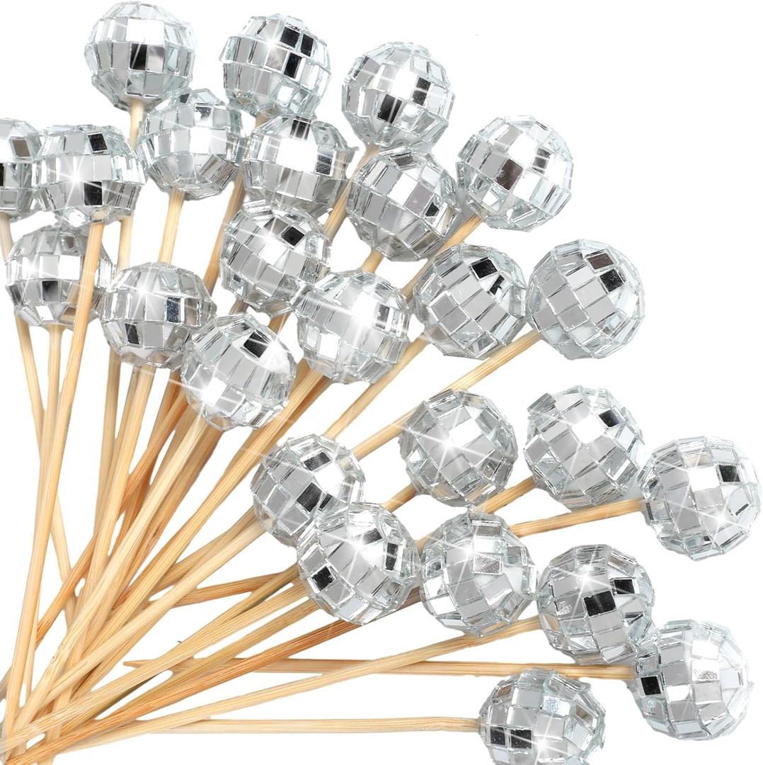 Hushee 100 Pcs Disco Ball Cocktail Picks Stirrers 4.7 Inch Mirror Ball Fancy Toothpicks Bamboo Appetizer Skewers Wooden Cocktail Sticks for Wedding Birthday Theme Party Supplies Food Garnish(Silver)