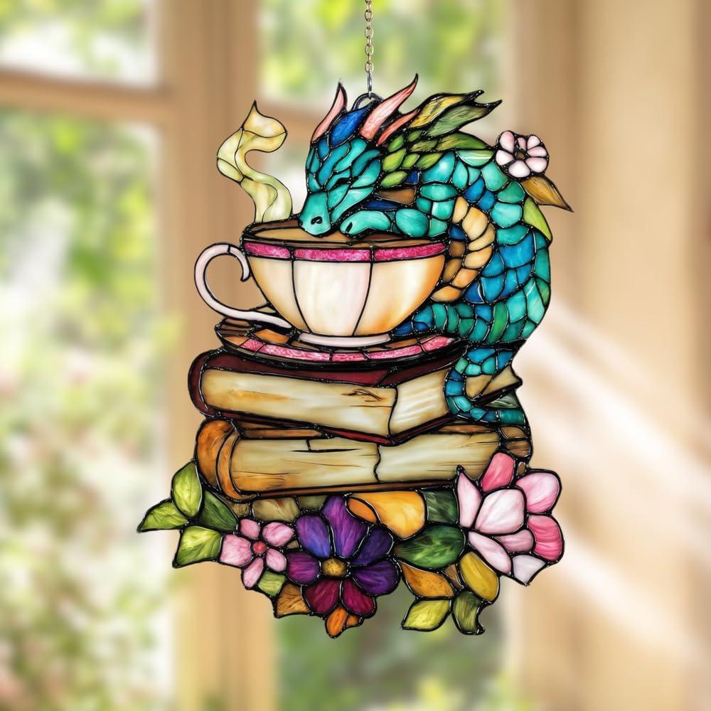 Book Dragon Handmade Artisan Resin Sun Catcher, Stained Glass Effect Ornament Window Hanging Suncatchers, Bookish Gifts for Readers, Valentines Day Gift for Women Mom Wife