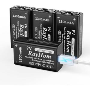 USB Rechargeable 9V Lithium Batteries - 4-Pack 9 Volt Li-ion Battery for Smoke Detector, with 2 USB-C 2-in-1 Charging Cable, High Capacity 1300 mAh, Quick Charges 2 Hours, Over 1000+ Cycles