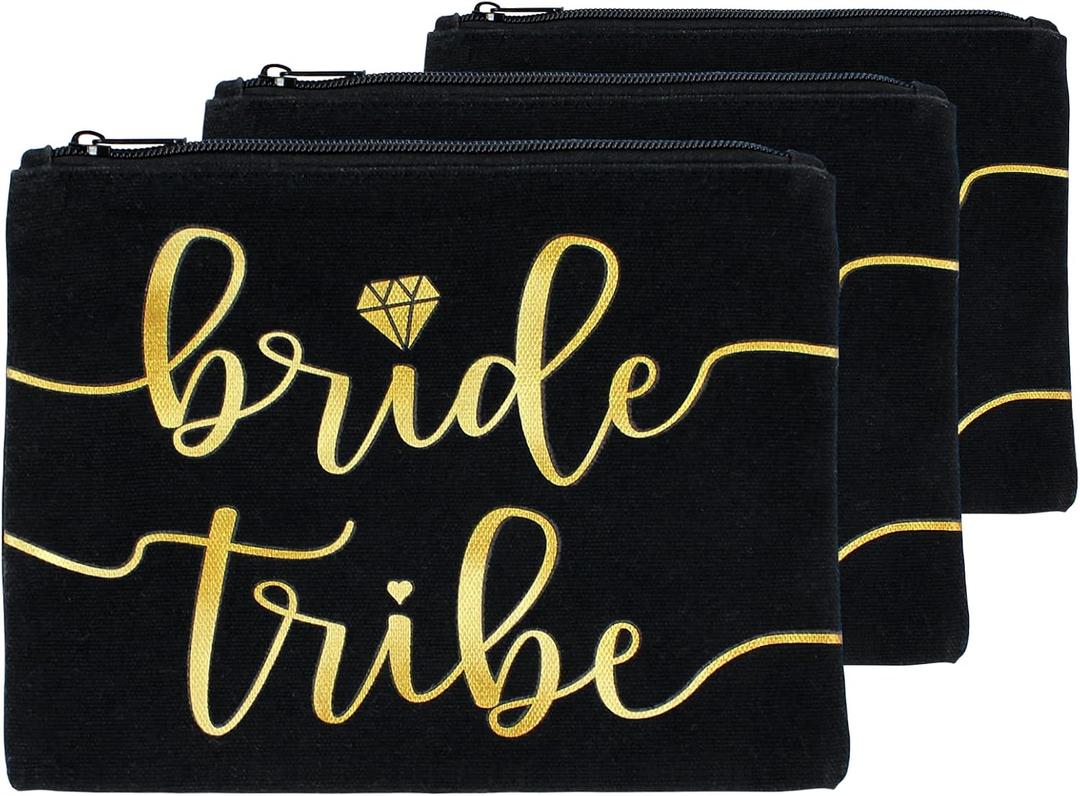 3pc Bride Tribe Makeup Bags - Bridesmaid Favor for Bachelorette Party, Bridal Shower, Wedding. Also great as Toiletry Bag, Wedding Survival Kit, Hangover Kit, Keepsake (3pc Pack, Black & Gold)