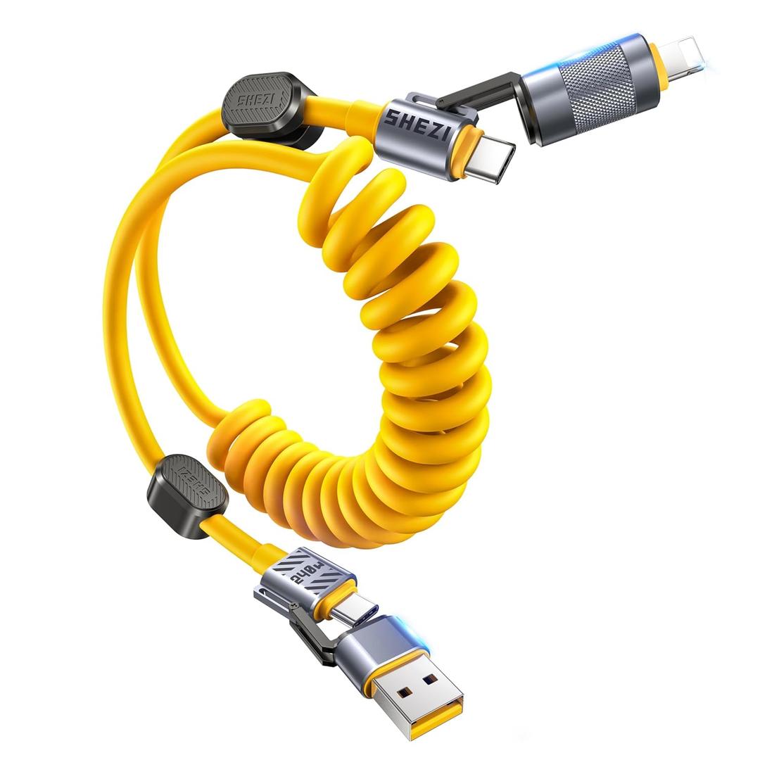 4-in-1 Coiled USB C Cable for Car 5FT [240W Fast Charging] Compatible with Lightning Cable [CarPlay & Android Auto] Multi Charger Cord Combo with L/Type C/USB A Ports for iPhone/iPad (Yellow)