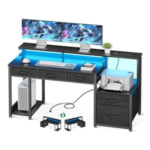 AODK 55 Inch Computer Desk with 3 Drawers and File Cabinet for Storage, Office Desk with Monitor Stand and LED Lights, Home Office Desks, Black