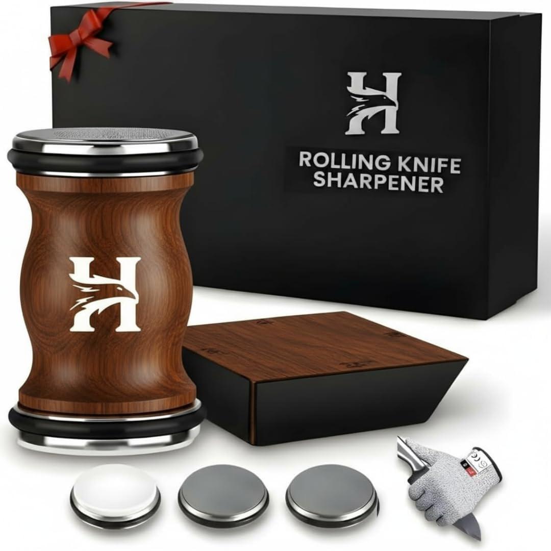 4 Angles High Carbon Stainless Steel Rolling Knife Sharpener with 400, 1000 & 3000 Replacement Discs - Blunt Knife Sharpening Kit with 12, 15, 20, and 25 Sharpening for Kitchen & Chef's Knives