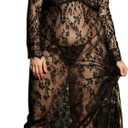 ohyeah Women Black Lace Maxi Dress V Neck Mesh Sexy Nightdress Long Gown Lingerie Dress Floral Lace Sexy Nightdress Swimsuit Cover Up Lingerie M-L