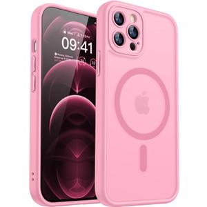 CANSHN Magnetic Compatible with iPhone 12 Pro Max Case, Upgraded [Full Camera Protection] [Compatible with Magsafe] [Translucent Matte] Shockproof Protective Phone Cover 6.7 Inch - Pink