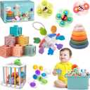 Baby Toys for 6 to 12 Months, Montessori Sensory Bins & Teething Toys, 6 in 1 Stacking Blocks, Rings, Eggs, Spinner, Crab Shape, 27 Pieces, Ages 6-36 Months