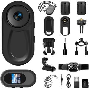1080P Mini Body Camera with 64GB Card, Wearable Action Body Cam,One-Click Filming Body Worn Camera, Pets Collars Mount and Bicycle Mount Bracket for for Work, Travel, Pet Walking
