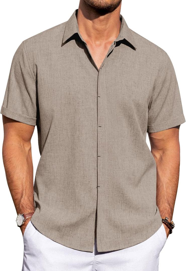 J.VER Men's Linen Shirts Casual Short Sleeve Button Down Shirt Beach Vacation Cruise Summer Wedding Cotton Tops (Beige, M)