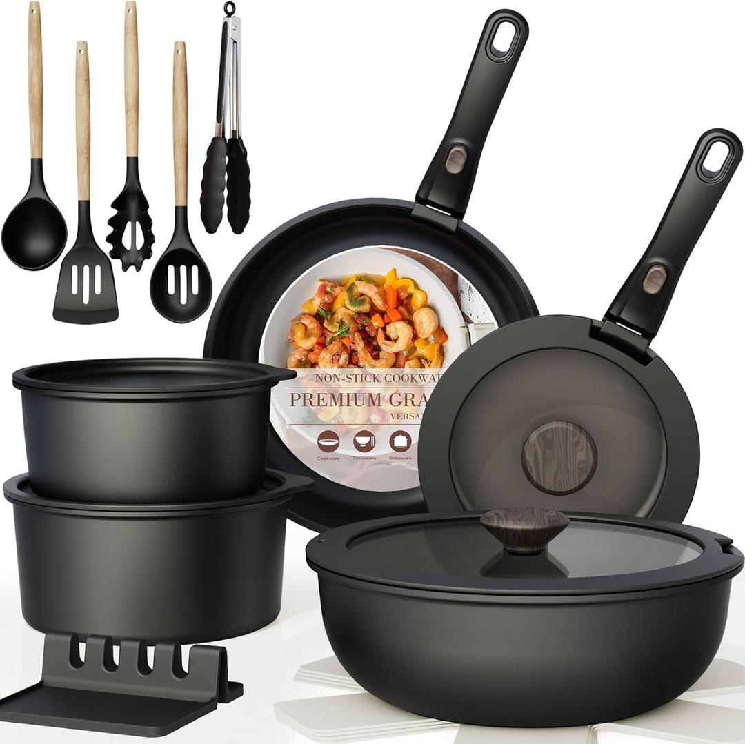 Astercook 21 Pcs Pots and Pans Set Non Stick, Ceramic Cookware Set Detachable Handle, RV Kitchen Cooking Set Removable Handles, Oven Safe, Induction Ready, Stackable, Black, Mothers Day Gifts