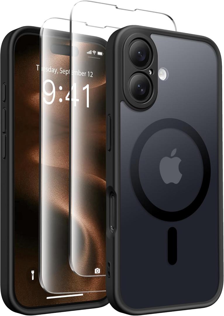 CAPRARO Magnetic Compatible with iPhone 16 Case, Upgraded [Full Camera Protection] [Compatible with MagSafe] Protective Translucent Matte Women Girl Phone Case Cover, Black