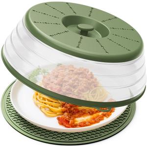 WVM Microwave Splatter Cover & Mat, Vented Collapsible Splatter Guard dish Plate lid & Silicone Round Kitchen Mat for Food, Meal Prep