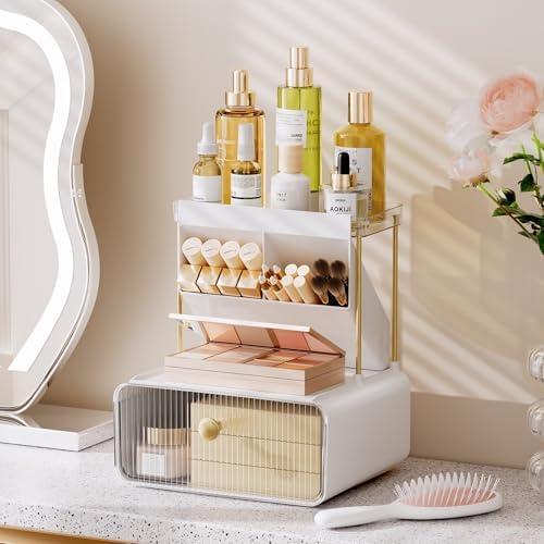TidyStash Makeup Organizer Countertop with Big Drawer, Bathroom Counter Organizer with Makeup Brush Holder, Easy Assembly for Skincare & Perfume, Vanity, Dresser, or Sink Counter, Clear